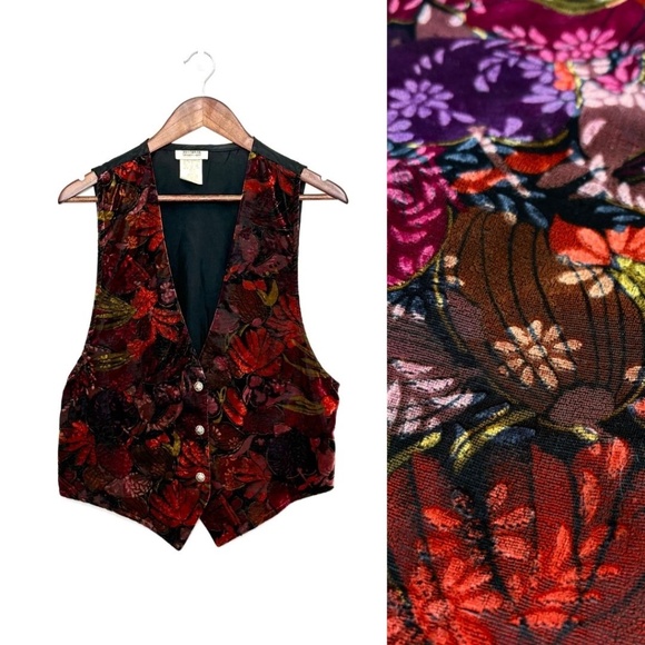 VTG 90s Velvet Burnout Floral Tapestry Vest Whimsygoth Colorful Bold Size M - Picture 1 of 7